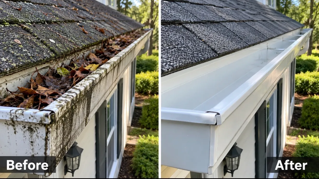 Gutter cleaning before and after by Badger Mobile Wash in Wisconsin